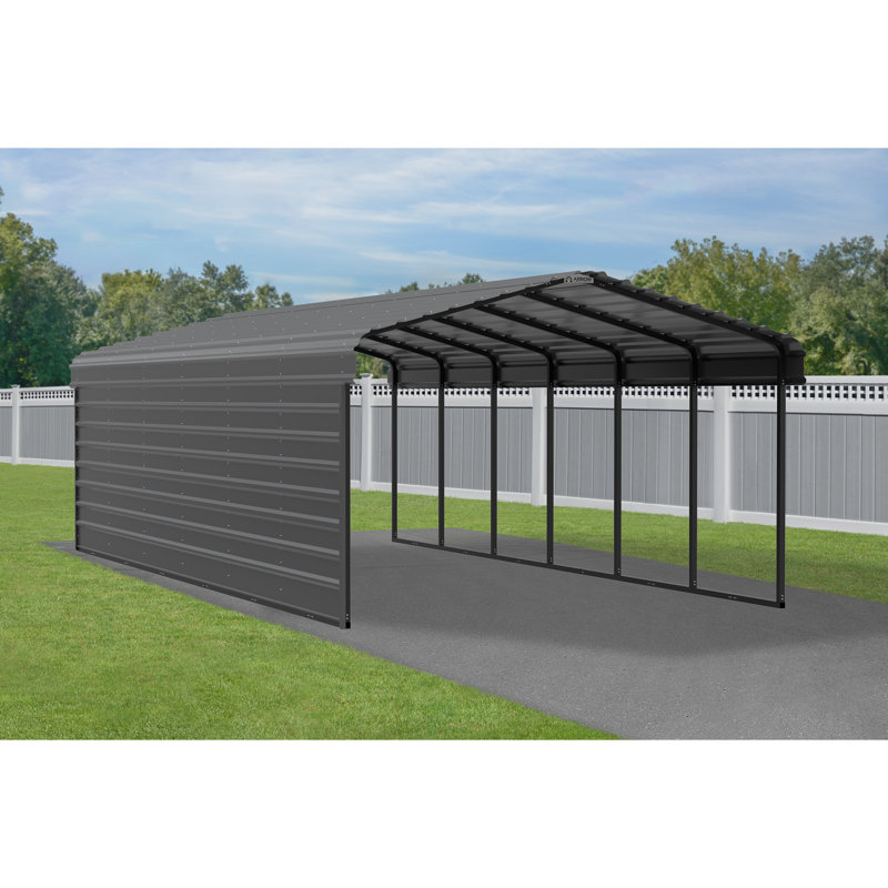 Charcoal Steel Peak Carport with Enclosure, 12 x 29 x 7 ft.