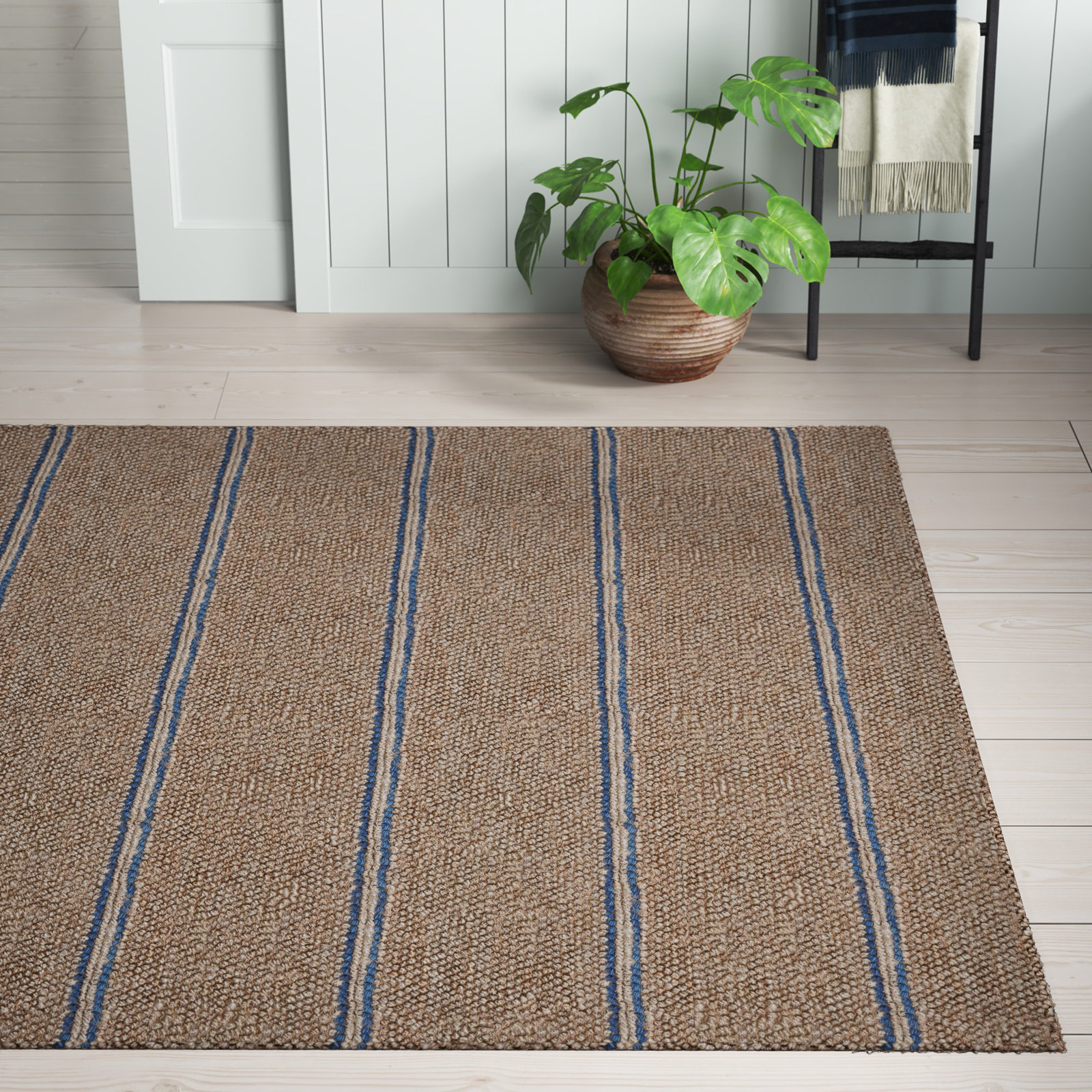 Beamond Striped Hand-Woven Jute Brown/Blue Area Rug, Rectangle 8' x 10'