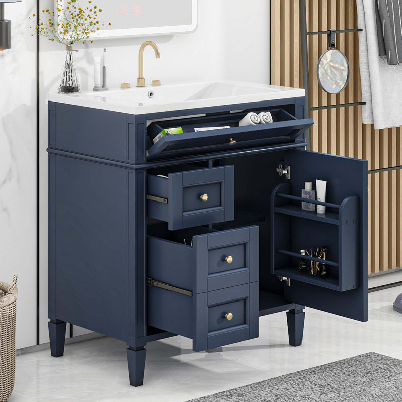 Meuble-lavabo de salle de bain moderne 30 po avec lavabo supérieur 30 po et 2 tiroirs, Bleu