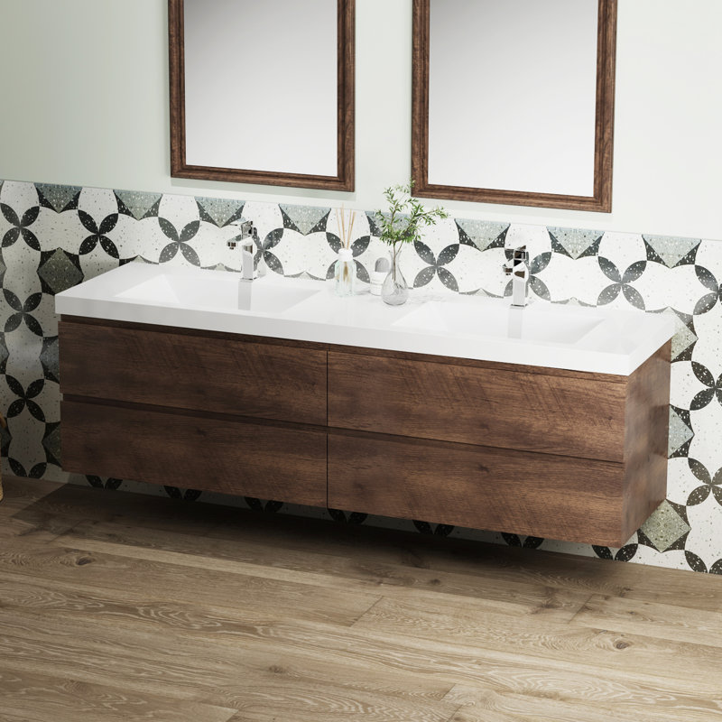 Meuble-lavabo mural 72 po avec 2 lavabos intégrés en résine et 4 tiroirs à fermeture en douceur, assemblage complet