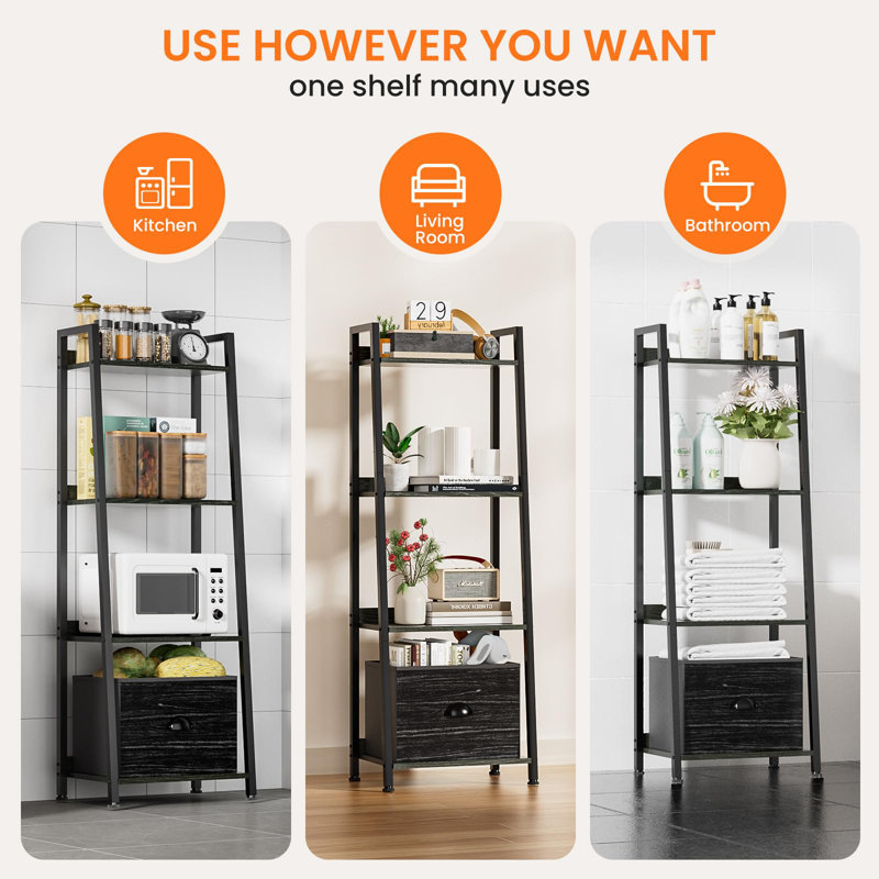 Black 4-Tier Ladder Bookshelf with Removable Drawer