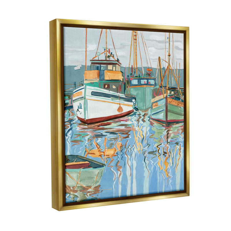 «Boat Harbor Reflections Floater Frame» par Melissa Wang sur toile, Cadre flottant métallique doré, H 21 po x l 17 po