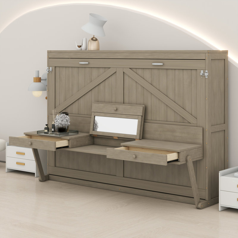 Lit escamotable mural avec rangement, armoire-lit pliable avec bureau, miroir central et tiroirs latéraux, Gris patiné