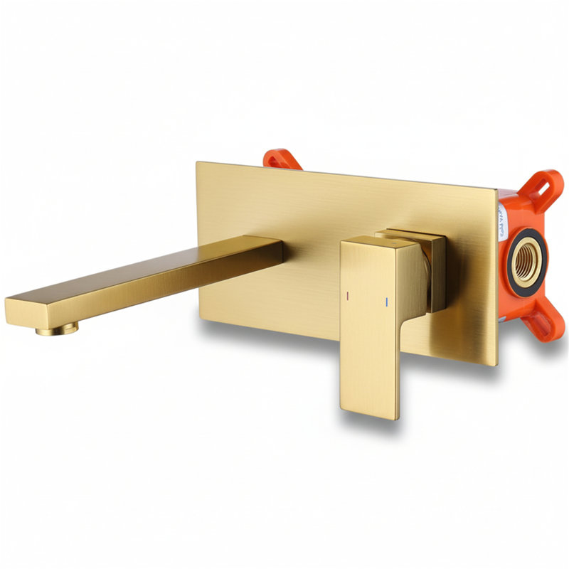 Wall Mount Faucet For Bathroom Sink Or Bathtub, Single Handle2 Holes Brass Rough-In Valve Included, Brushed Gold