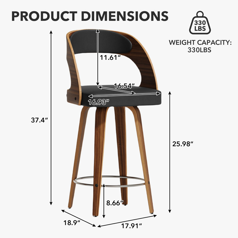 Tabouret de comptoir pivotant 26 po Modern, Noir