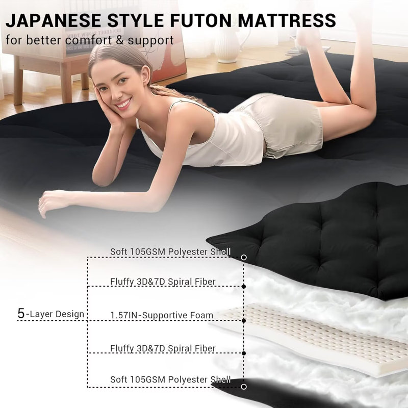 Matelas de futon japonais pliable pour matelas Tatami, Lit double, Noir, noir, noir, noir