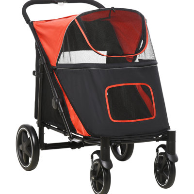 Red Dog Walking Stroller For Big Dogs, Foldable, With Storage Pocket And Leash Medium Large Carrier Stroller, Shockproof, Mesh Window,