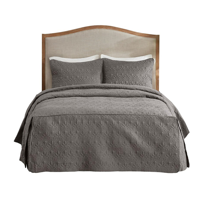 Ensemble de couvre-lit 3 pièces très grand gris foncé plissé en coin, tissu en microfibre, rembourrage 100%