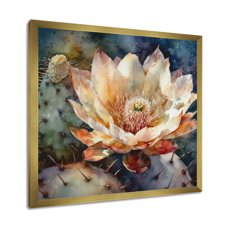Rozann, fleur de cactus blanc bleu sur toile, H 16 po x l 16 po x P 1 po, Cadre flottant doré
