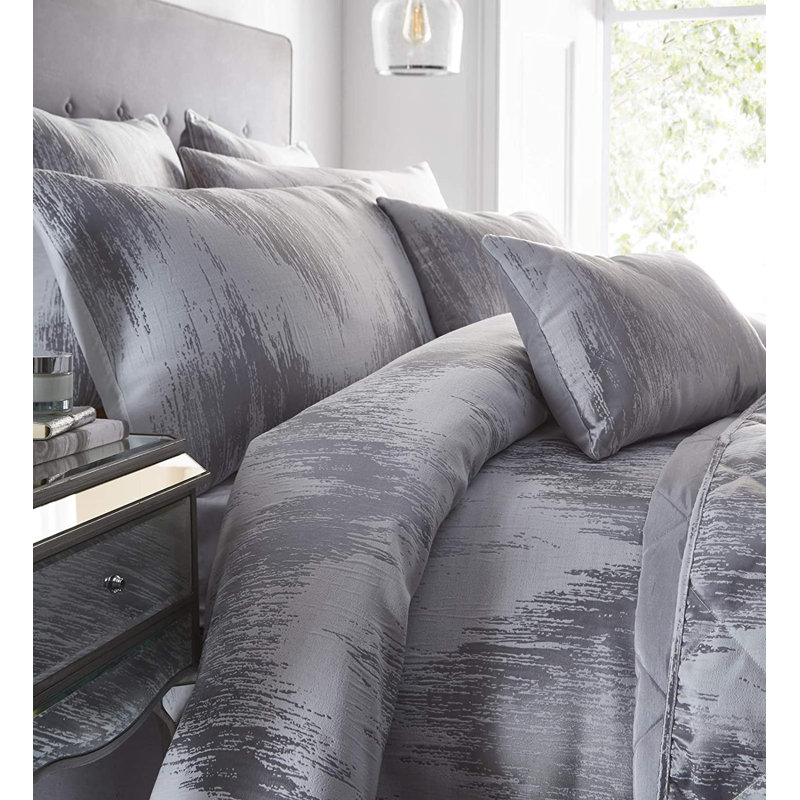 Brianah Metallic Chevron Reversible Duvet Cover Set, Silver, Double Duvet Cover + 2 Standard Pillowcases