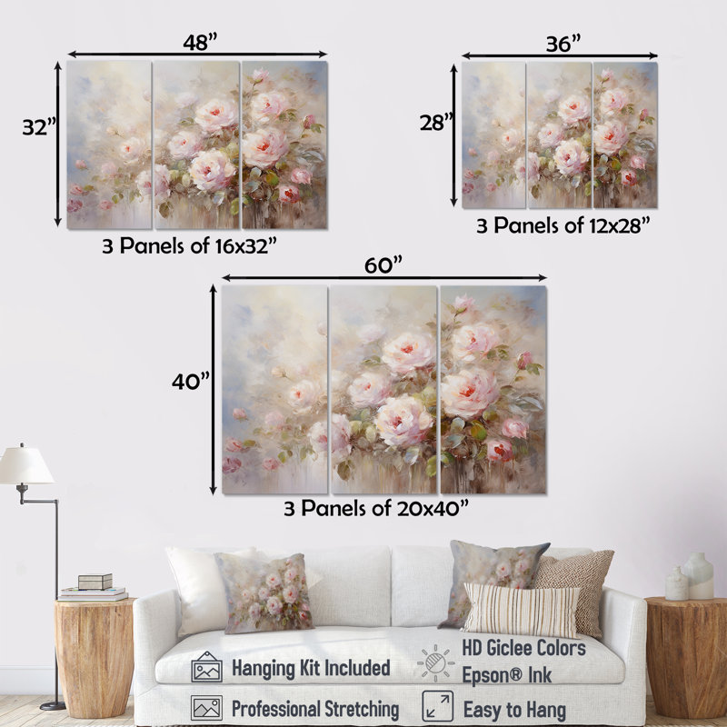 «Pink Roses Farmhouse Charm» - ensemble de décorations murales roses, H 40 po x l 60 po x P 1 po, Toile tendue