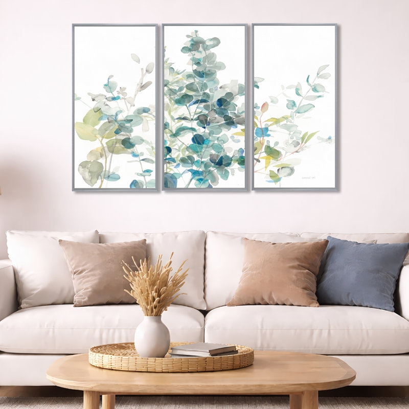 Eucalyptus, élément naturel - ensemble de 3 toiles encadrées traditionnelles, H 28 po x l 36 po, Cadre argenté