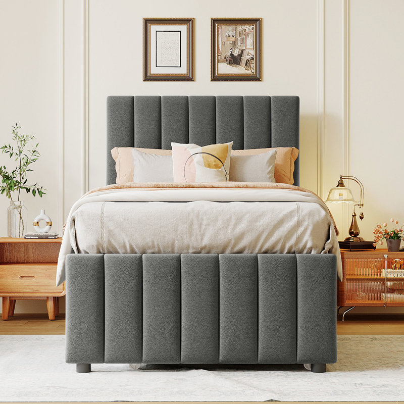 Lit plateforme simple tapissier avec lit gigogne et 3 tiroirs fonctionnels en lin gris