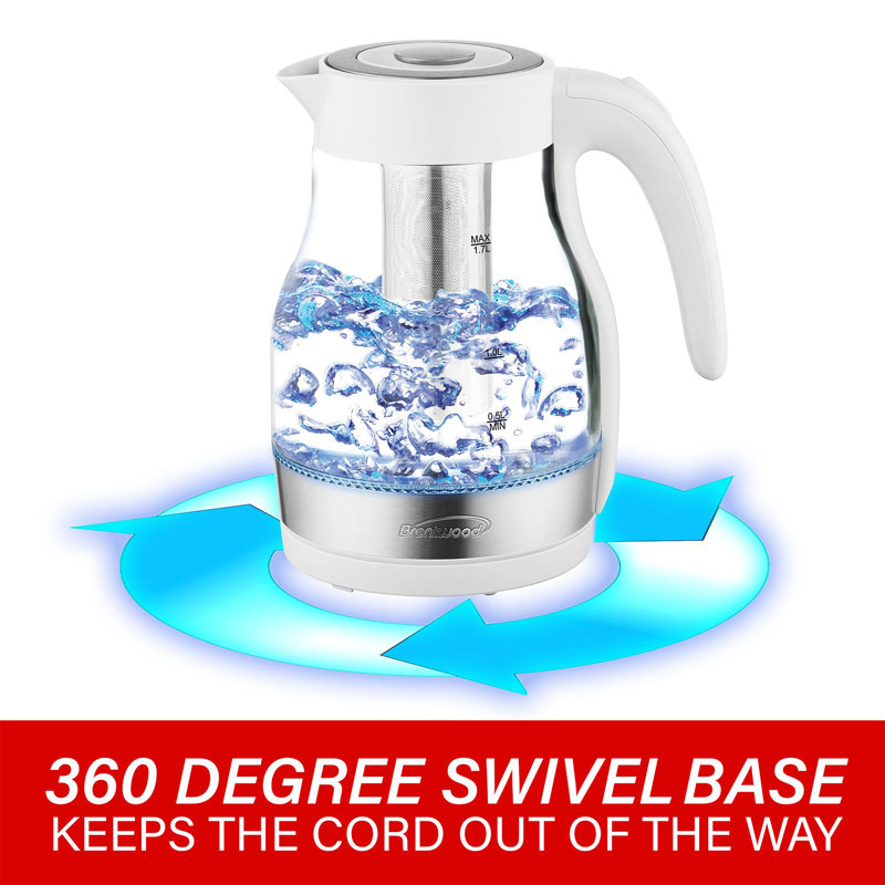 Brentwood 1.79 Quarts Glass Electric Tea Kettle, White/Clear