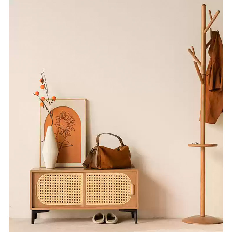 Solid Wooden Rattan Shoe Storage Bench, Tan