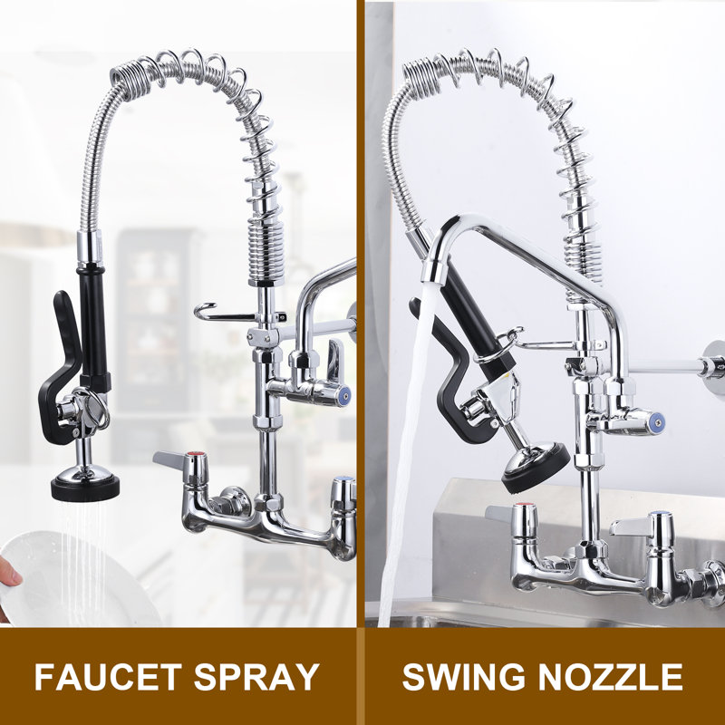 Commercial Triple Handle Wall Mount 21. Pull Down Sprayer Kitchen Faucet