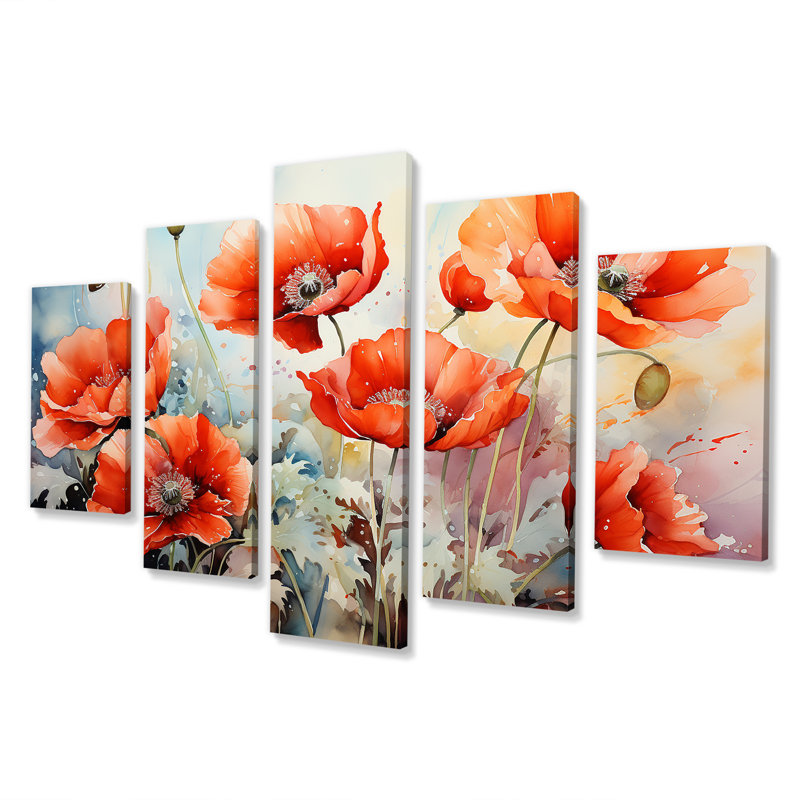 «Red and Green Poppy Reverie II - Poppies Multipanel», ensemble d'art mural