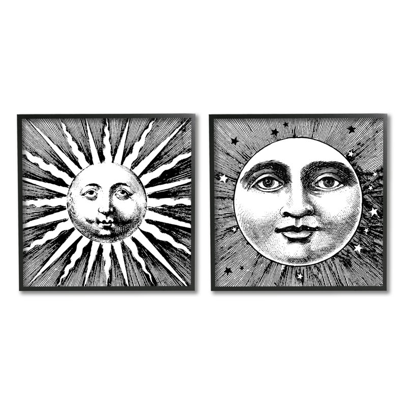 Sun and Moon faces, impression sur bois 2 pièces, H 12 po x l 24 po x P 1,5 po, Giclée encadrée noir minuit