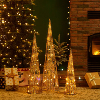 3-Piece Lighted Champagne Gold Cone Tree Set