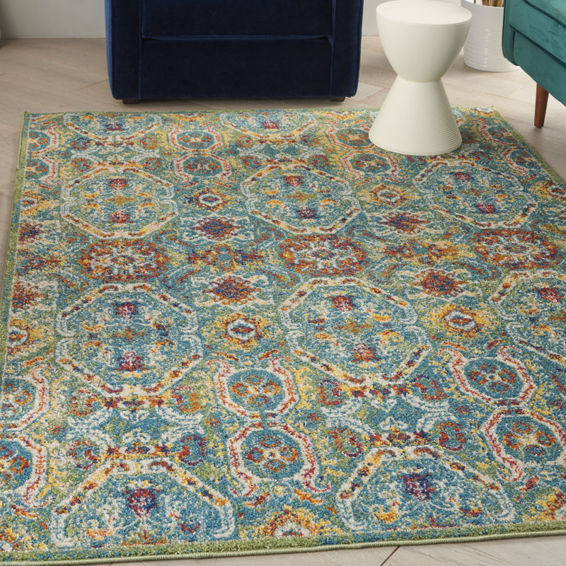 Tapis oriental traditionnel turquoise Lakenya, Rectangle 5 pi 3 po x 7 pi 3 po