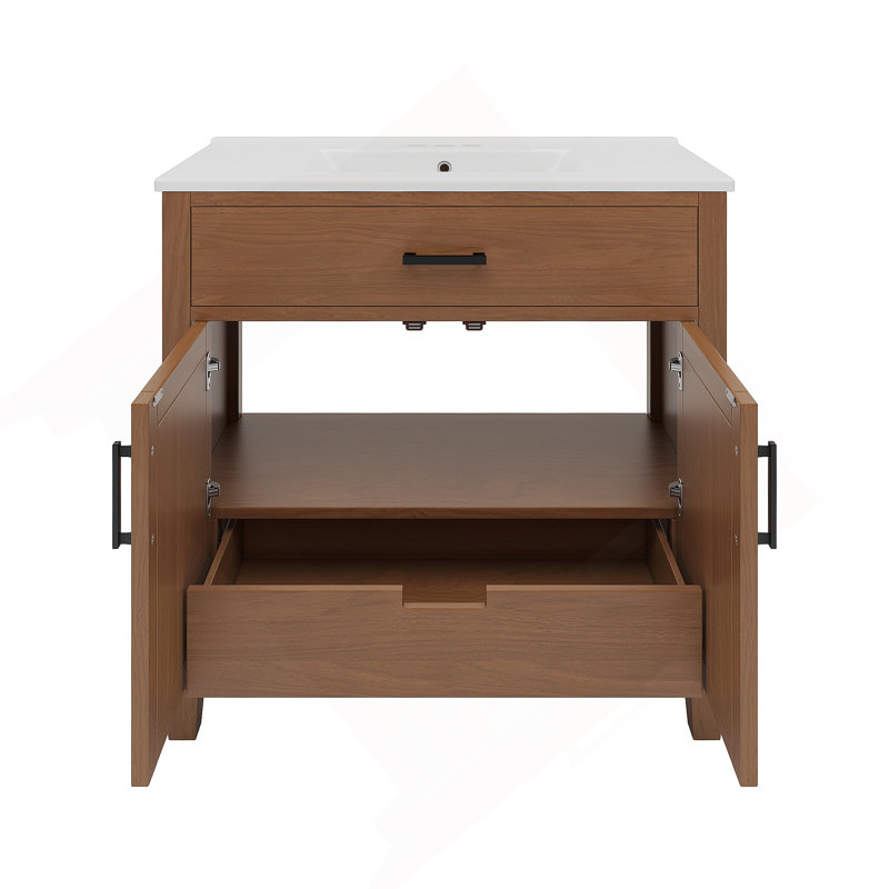 Rattan Bathroom Vanity with Ceramic Sink, Featuring Soft Close Doors and Drawers, Free - standing Design and Ample Storage for Modern Bathrooms
