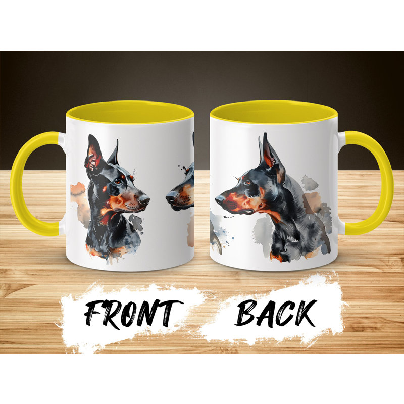 11oz Watercolour Doberman Design Coffee Mug, 2, Yellow