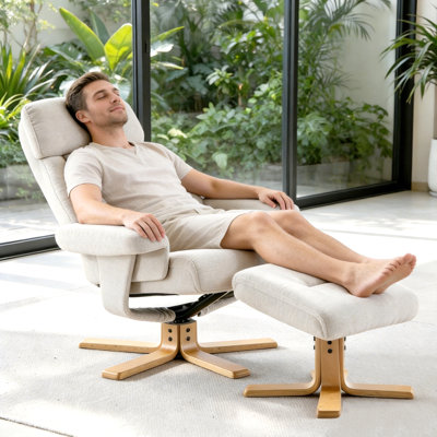 Fauteuil d'appoint pivotant à 360 ° recouvert de tissu beige avec massage chauffant, fauteuil avec repose-pieds, confort ergonomique pour le salon, coin lecture, petit canapé simple pour chambre à coucher, bureau, appartement