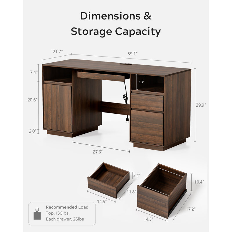 Computer Desk with Built-In Electrical Outlet, Brown