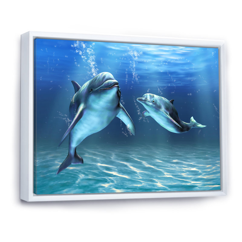 Deux dauphins bleus - Impression sur toile, Cadre flottant blanc, H 12 po x l 20 po