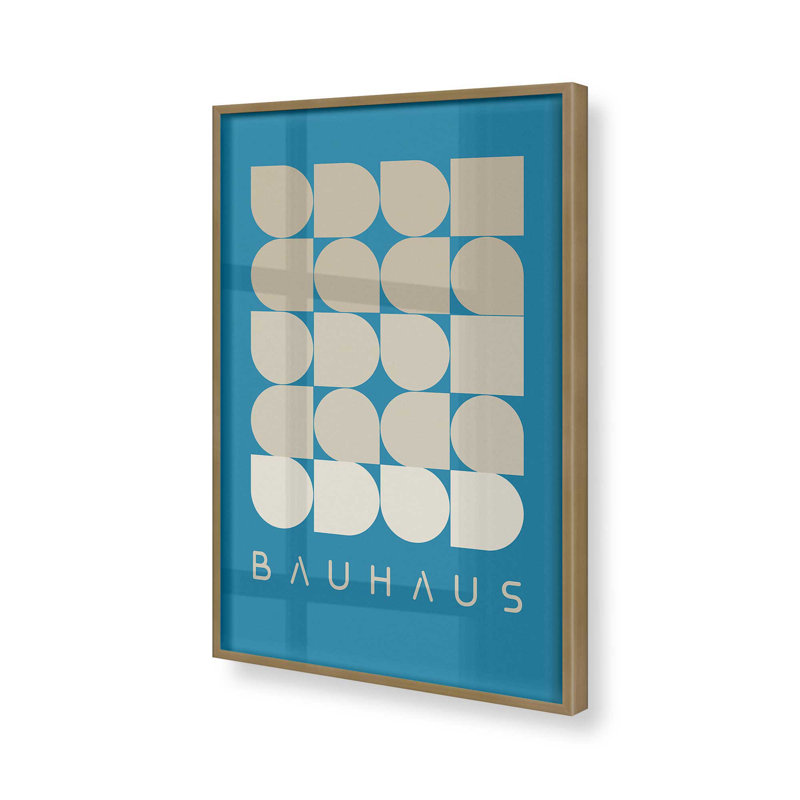 Impression géométrique dans un cadre poli, H 15,25 po x l 12,25 po, Cadre doré brossé, Bauhaus bleu sarcelle et crème
