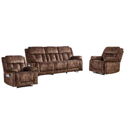 3-Piece Modern Soft Microfiber Manual Recline Living Room Set With 2 Recliners & Sofa
