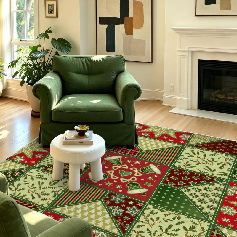 Tapis intérieur rouge lavable à la machine, motif de courtepointe décoratif de Noël, Rectangle 39 po x 63 po