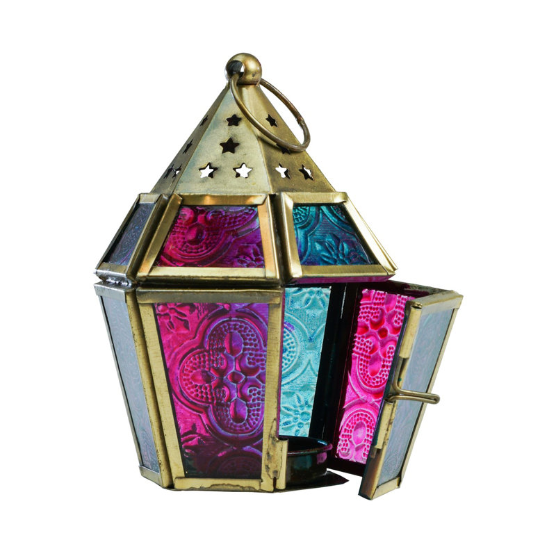 Mini lanterne hexagonale en verre, Rose / sarcelle