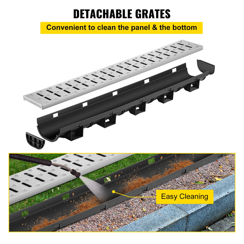 Trench Drain System, Channel Drain With Metal Grate, 5.7X3.1-Inch HDPE Drainage Trench, Black Plastic Garage Floor Drain, 5X39 Trench Drain Grate, With 5 End Caps, For Garden, Driveway-5 Pack
