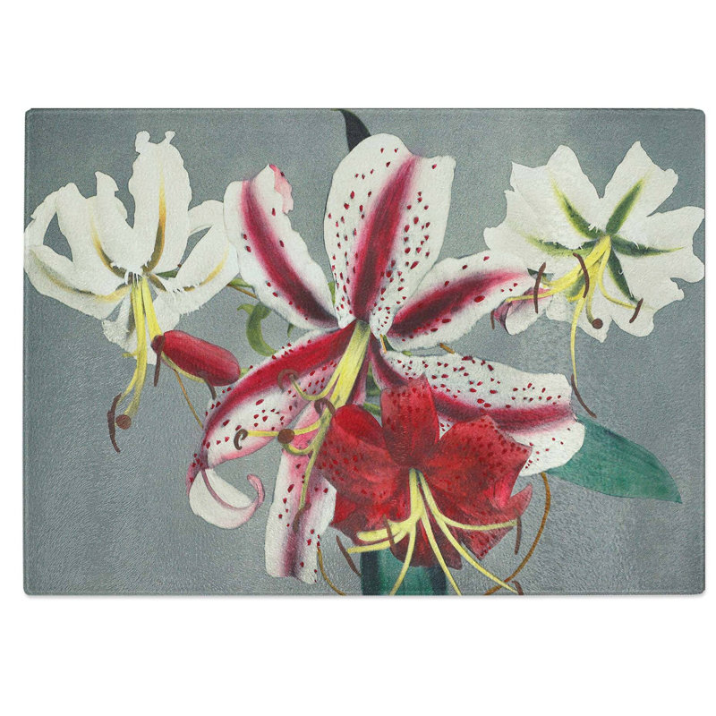 Tempered Glass White and Pink Lilies by Kazumasa Ogawa Chopping Board, 28.5 cm W x 20 cm L