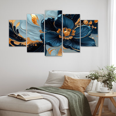 «Golden Arrangement», velours bleu, marguerites, encre I - Art mural boutons d'or - Décoration murale traditionnelle