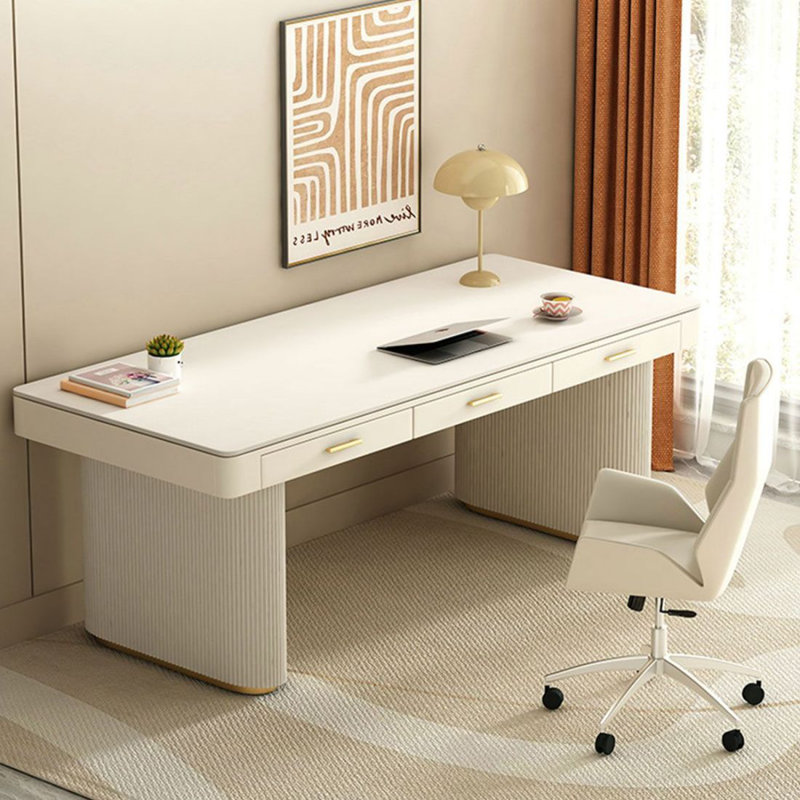 Bureau blanc avec tiroirs en pierre blanche avec tiroirs, H 29,53 po x l 55,12 po x P 27,56 po
