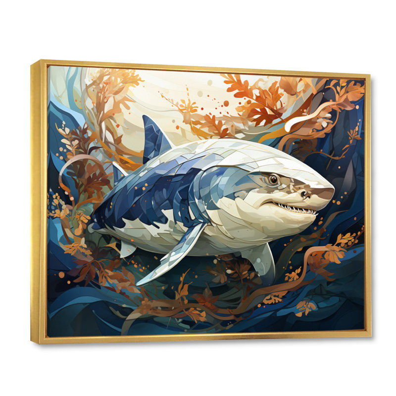 " Gray Orange Shark Harmony ", 34" H x 44" W x 1.5" D, Gold Floater Framed