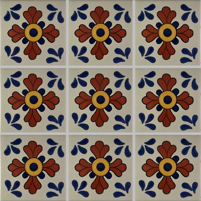 4.2" x 4.2" 9pcs TalaMex Seville Mexican Clay Tile Handmade Talavera Backsplash Mosaic, Blue