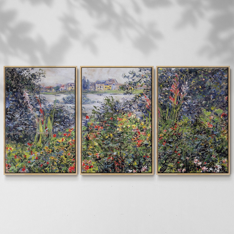 Flowers At Vetheuil, 1881, reproduction sur toile 3 pièces, H 36 po x l 75 po x P 2 po, Naturel