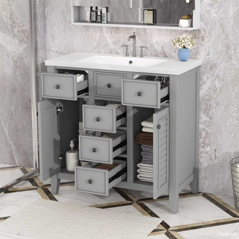 Meuble-lavabo 36 po avec lavabo en céramique, 2 armoires et 5 tiroirs, Gris