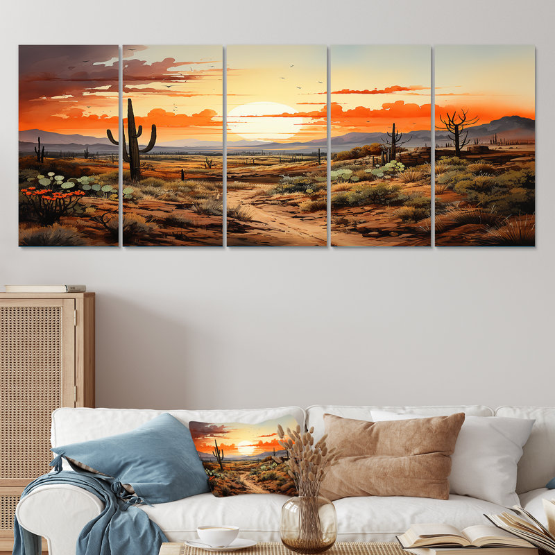 Silhouette orange, Cactus, lever de soleil, art mural 5 pièces, H 28 po x l 60 po