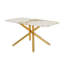Table de salle à manger de 63 po x 35,4 po en verre trempé à motif de marbre blanc pour 4 à 6 personnes. Pieds de table en métal doré à fourche simple. Plateau de table en verre trempé (sans la chaise)