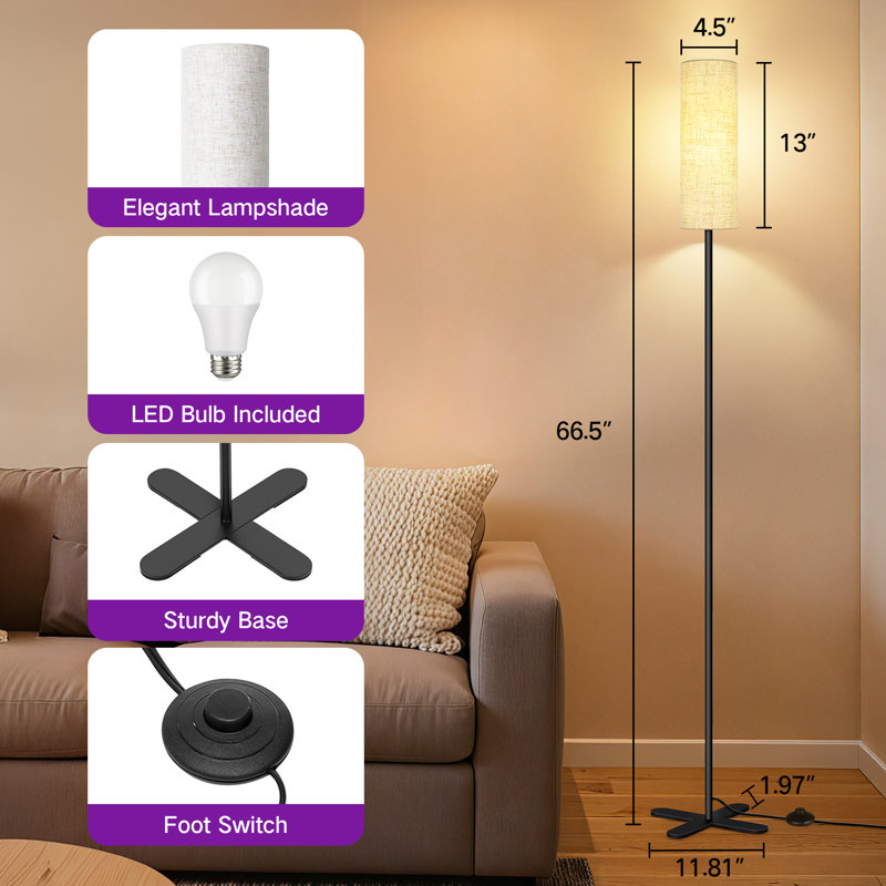 Lampe sur pied moderne de 66,5 pouces de haut avec température de couleur 3 et interrupteur au pied, Black