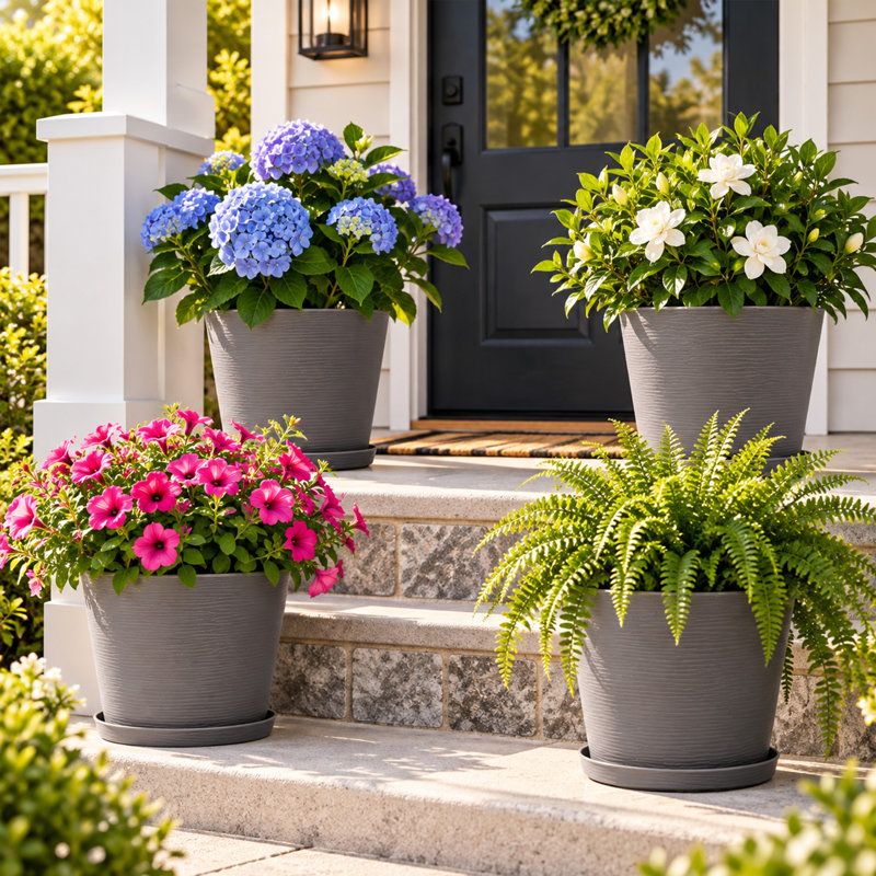 Kozyard pots de fleurs ronds d'intérieur 4Packs avec plateau récupérant l'eau pour le patio, Brun, 2