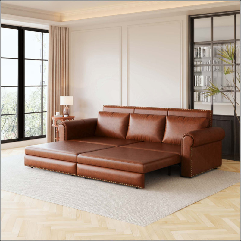 Canapé-lit rétractable 93,7 po Chesterfield, canapé-lit convertible 3 en 1 en similicuir avec garniture cloutée et accoudoirs roulés, canapé de salon multifonctionnel