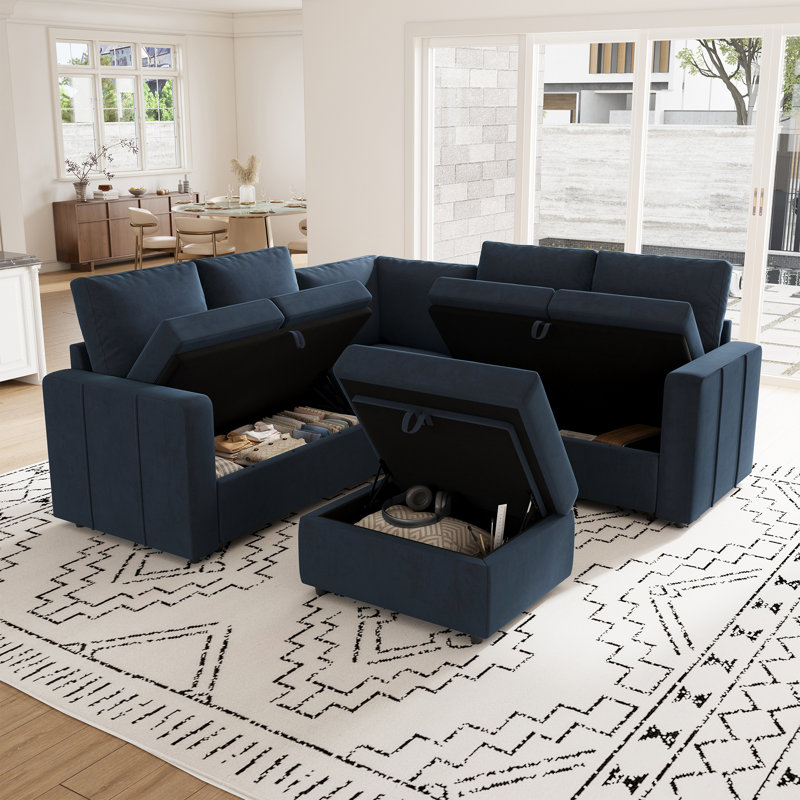 Aubade L-Shaped Modular Storage Sofa Set, Blue Velvet
