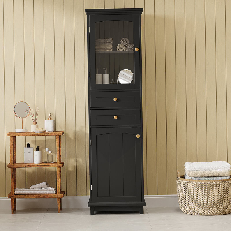 Tall Bathroom Storage Cabinet With Glass Doors, Free-Standing, Gray
