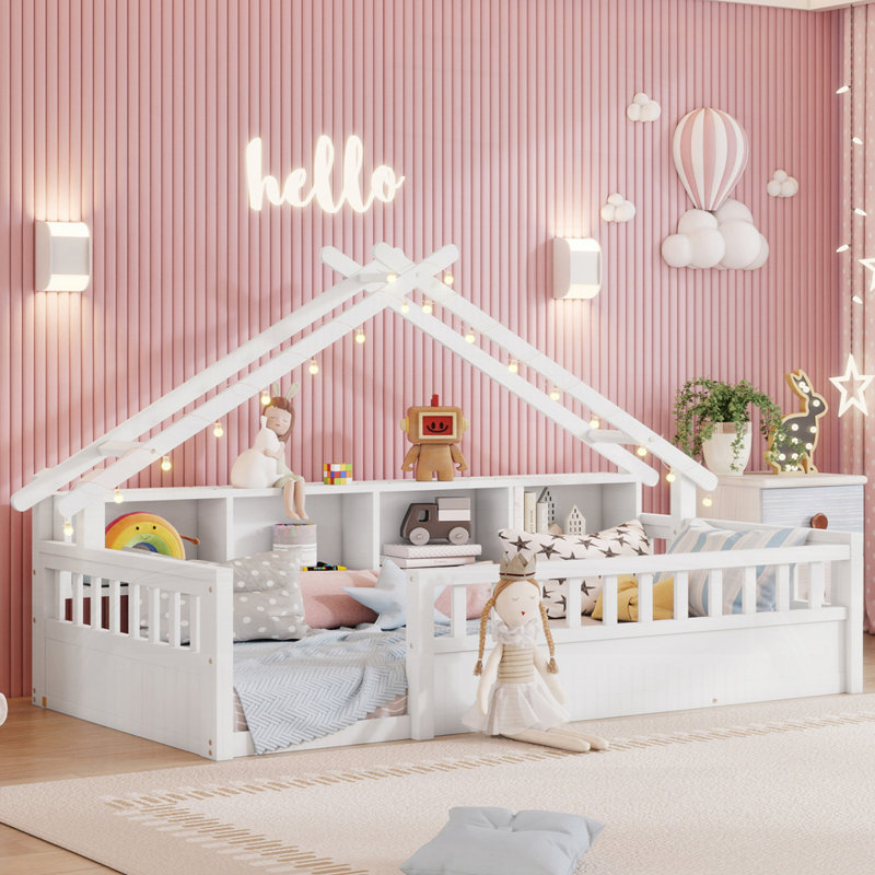Lit en bois avec tablettes de rangement, Lit simple, Blanc