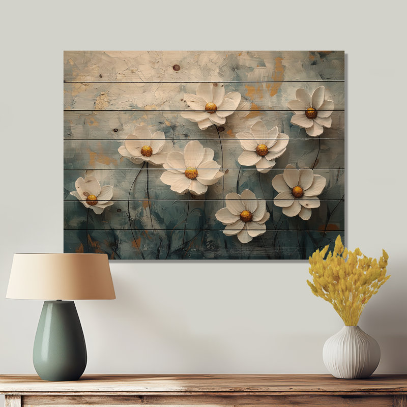 Geraniums forme pure minimalisme II - marguerites, art mural en bois - sur bois de pin naturel, H 10 po x l 20 po x P 0,78 po